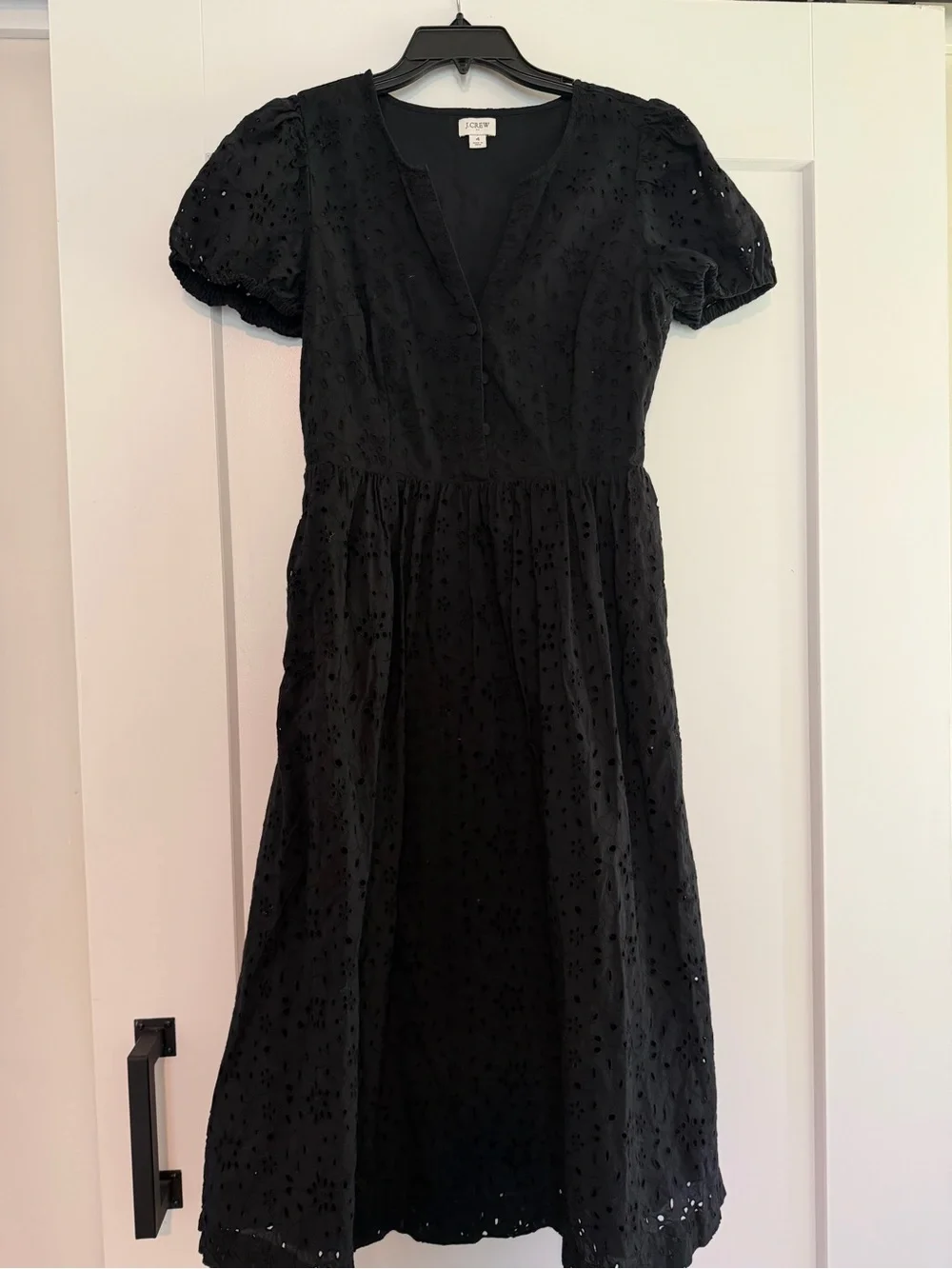 J. Crew Black Eyelet V-Neck Midi Dress with Puff Sleeves